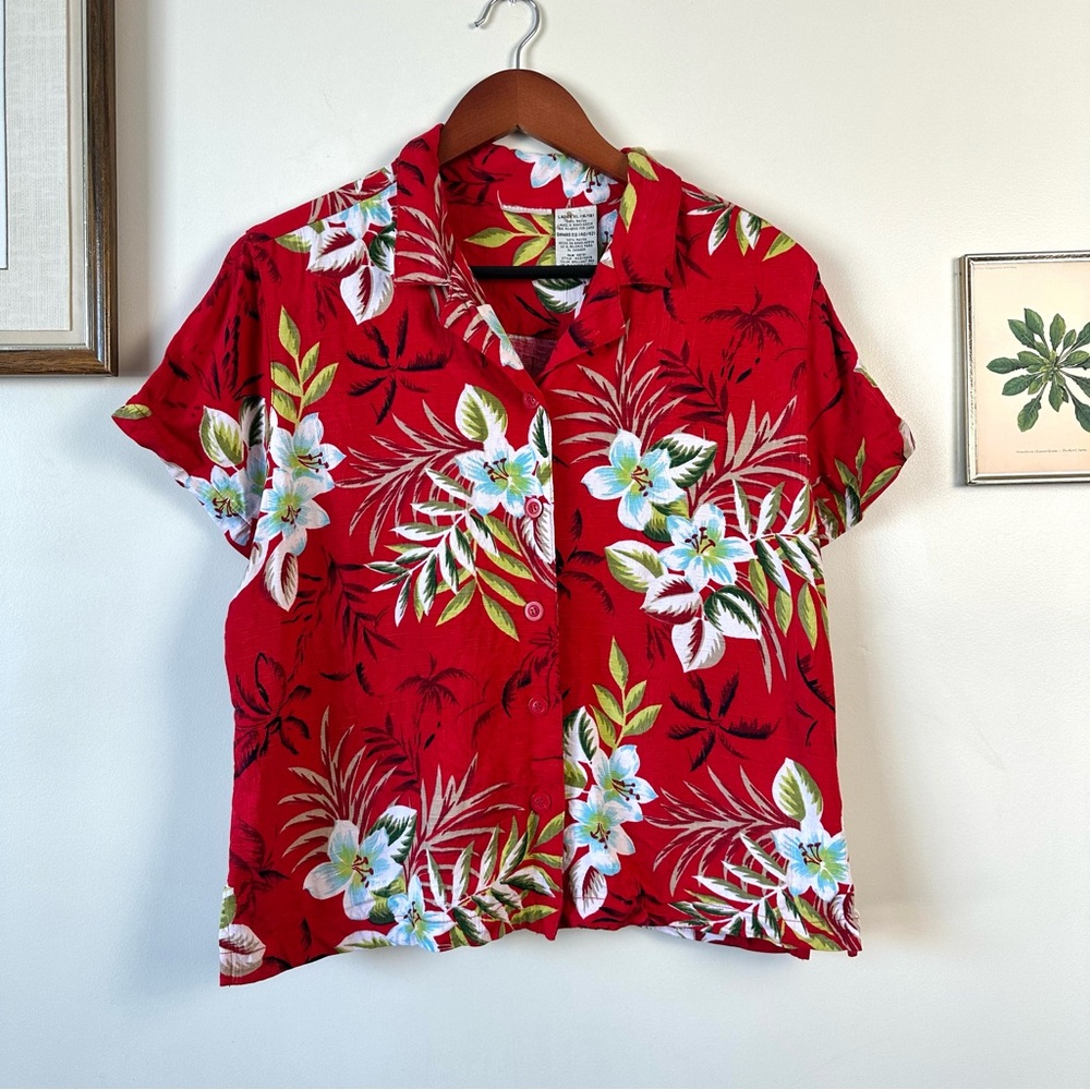 Vintage 100% Rayon Brilliant Red Floral Vacation Button Up Top XL